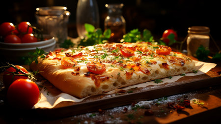 Pizza with tomatoes and mozzarella on a wooden board.の素材