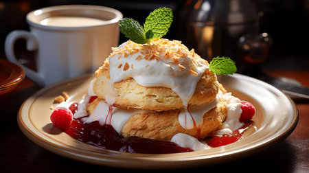 Cream scones with strawberry jam and whipped cream on a plateの素材