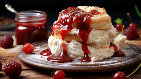 Pancakes with cherry jam and whipped cream on a wooden backgroundの素材