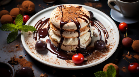 Pancakes with chocolate sauce and cherries on a dark background.の素材