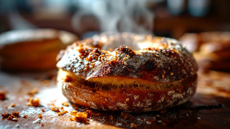 Bagel with poppy seeds on a wooden table. Selective focus.の素材