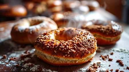 Freshly baked bagels with sesame seeds on a wooden table.の素材