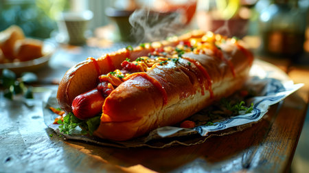Hot dog with sausage, tomato and herbs on a wooden board.の素材