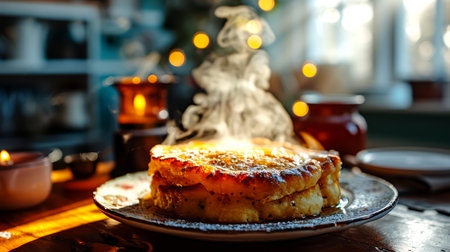 Pancakes on the table in a cafe with candles and Christmas decorations.の素材