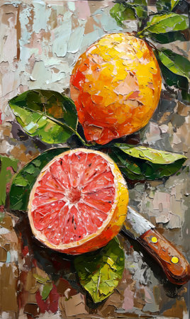 Grapefruit and lemons on a wooden background. Oil painting.の素材