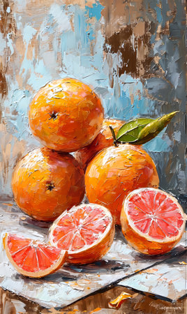 Still life with ripe oranges, painted in oil on a canvas.の素材