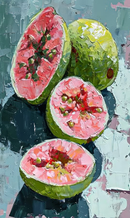 Watermelon. Oil painting on canvas. Two watermelons on canvas.の素材