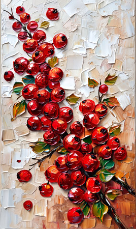 Oil painting on canvas red berries on a branch.の素材