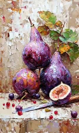 Still life with ripe figs, berries and knife on wooden table.の素材