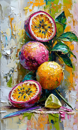 Oil painting of passion fruit on canvas. Modern Impressionism.の素材