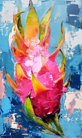 Pitaya flower on a blue background. Oil painting on canvas.の素材