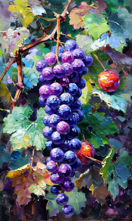 Grapes on the vine. Original oil painting on canvas.の素材