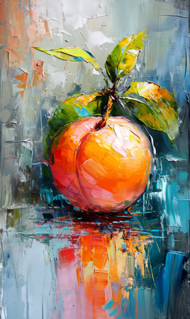 Painting of an orange on a background of blue and orange.の素材