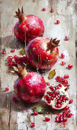 Ripe pomegranates on a rustic wooden background.の素材