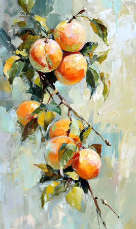Still life with persimmon on a branch, color painting.の素材