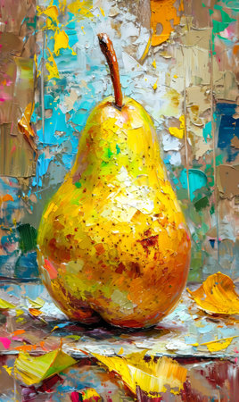 Painted yellow pear on a multicolored background.の素材