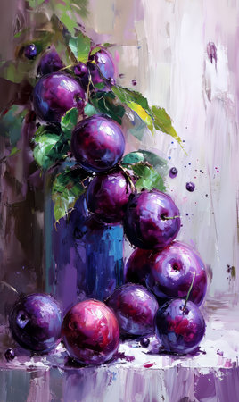 Still life with plums in a blue vase on a gray background.の素材
