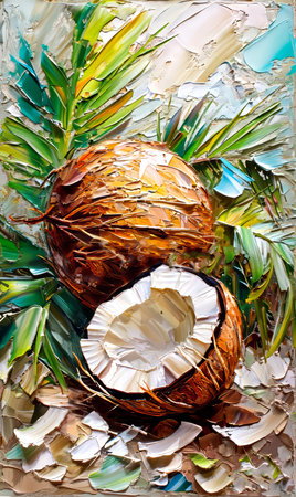 Oil painting of coconuts on canvas. Tropical palm leaves.の素材