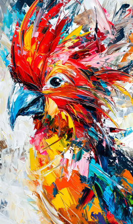 Colorful rooster painted with oil on canvas. Abstract background.の素材