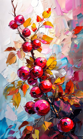 Original oil painting of a branch with red berries and leaves on canvas.の素材