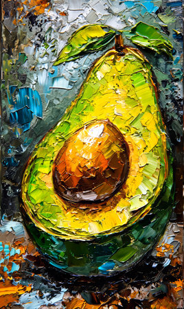 Oil painting on canvas of ripe avocado. Fragment of artwork.の素材