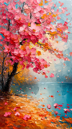 Painting of a tree with pink flowers in the autumn season.の素材