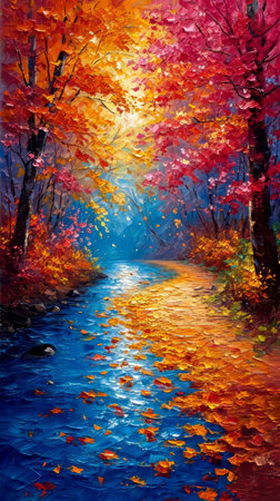 Beautiful autumn landscape with colorful trees and river. Digital painting.の素材
