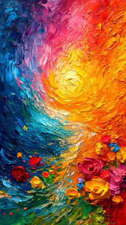 Oil painting on canvas. Abstract background with colorful flowers. Fragment of artwork.の素材