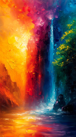 Abstract oil painting of a waterfall in the forest. Modern art.の素材