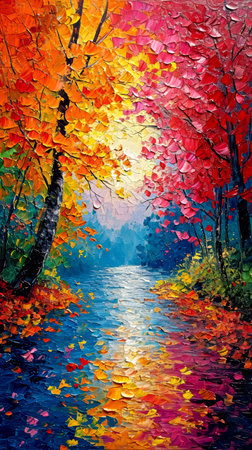Autumn landscape with bright colorful leaves. Illustration oil painting.の素材