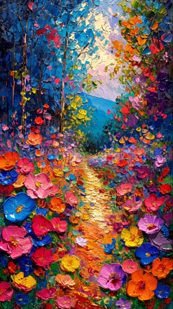 Original oil painting on canvas of multicolored flowers in autumn forest.の素材