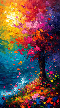 Abstract painting of a tree in the autumn forest with colorful leaves.の素材