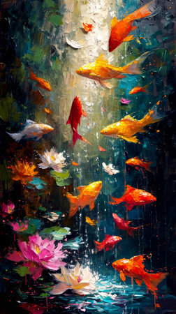 Colorful water lilies and goldfish in the pond. Original painting.の素材