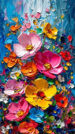 abstract oil painting on canvas with colorful flowers, close-upの素材