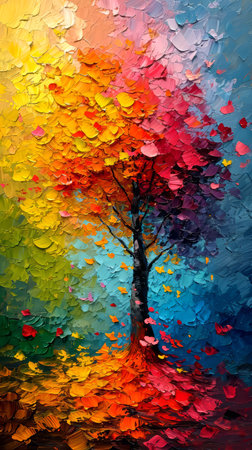 Abstract oil painting of a tree with colorful leaves. Colorful autumn background.の素材