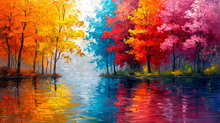 Autumn landscape with colorful trees on the shore of the lake. Digital paintingの素材