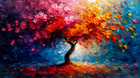 Colorful tree with flying hearts in the sky. Valentines day backgroundの素材