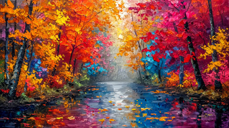 Autumn forest landscape with bright colorful trees. Digital painting illustration.の素材