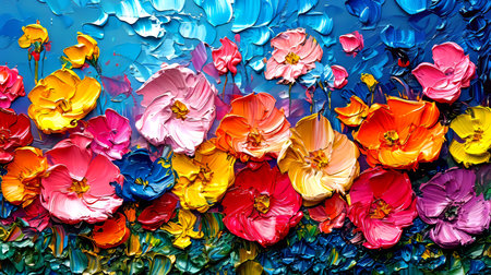 Oil painting of flowers on canvas. Colorful background. Fragment of artwork.の素材