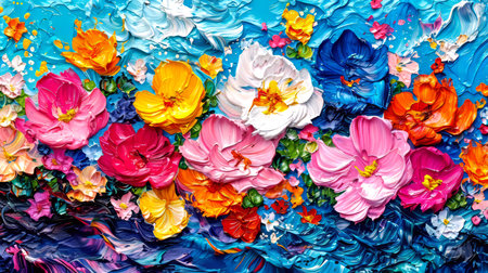 Abstract background of oil painting on canvas with colorful flowers. Fragment of artwork.の素材