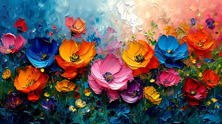 Oil painting of poppies on canvas. Colorful flowers.の素材