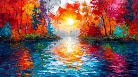Autumn landscape with colorful trees, lake and sun. Digital paintingの素材