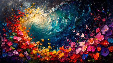 Abstract oil painting of a sea with colorful flowers. Colorful backgroundの素材