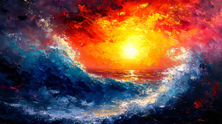Sunset over the sea. Oil painting on canvas. Colorful background.の素材