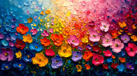 Painting of colorful tulip flowers on canvas. Abstract floral backgroundの素材