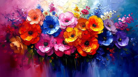 Oil painting of anemone and poppy flowers. Bright colors.の素材