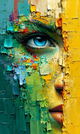 Woman's face painted with oil paints on a palette.の素材