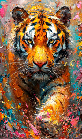 Portrait of a tiger. Colorful painting on canvas.の素材