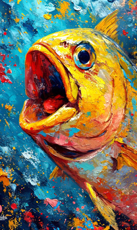 Oil painting on canvas of a yellow fish on a blue background.の素材