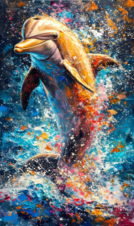 Dolphin oil painting on canvas. Beautiful dolphin in the ocean.の素材